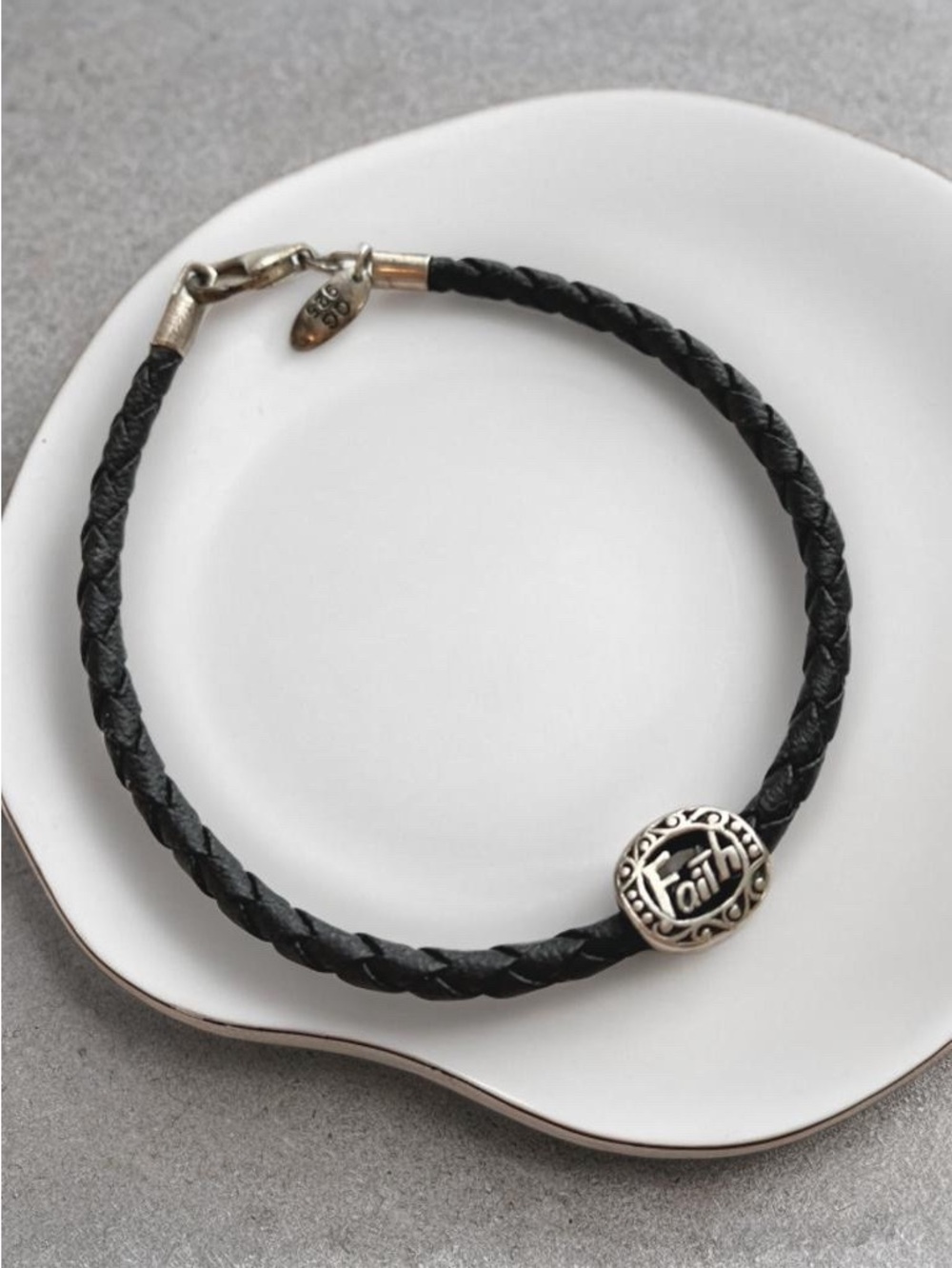 Faith Braided Black Leather  Bracelet Sterling Accent